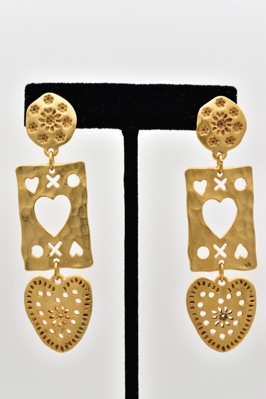 Avon Vintage Heart Cutout Dangle Earrings Brushed Gold Boho Statement 90s BinBK